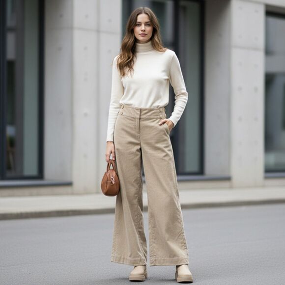 Ann Taylor Loft Beige Corduroy Wide Leg Pants Size 10 - Picture 1 of 13